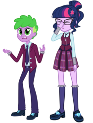 Size: 1296x1728 | Tagged: safe, artist:thecheeseburger, sci-twi, spike, twilight sparkle, equestria girls, g4, my little pony equestria girls: friendship games, clothes, equestria girls-ified, eyes closed, female, human spike, male, pants, pleated skirt, school uniform, skirt, what has science done