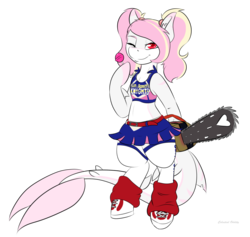 Size: 1024x969 | Tagged: dead source, safe, artist:mamachubs, oc, oc only, oc:rainy skies, original species, pony, shark, shark pony, belt, bipedal, candy, chainsaw, cheerleader, clothes, costume, food, lollipop, lollipop chainsaw, midriff, one eye closed, pigtails, shoes, skirt, sneakers, socks, solo, stockings, wink