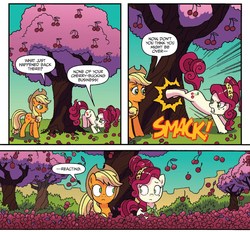 Size: 1363x1267 | Tagged: safe, artist:tony fleecs, idw, official comic, applejack, cherry jubilee, earth pony, pony, friends forever #33, g4, my little pony: friends forever, spoiler:comic, bucking, cherry, cherry blossoms, cherry tree, cherrybucking, comic, cropped, female, flower, flower blossom, food, mare, minced oath, speech bubble, swearing, tree