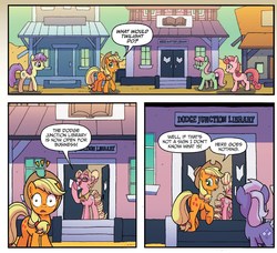 Size: 1325x1208 | Tagged: safe, artist:tony fleecs, idw, official comic, applejack, marian, earth pony, pony, friends forever #33, g4, my little pony: friends forever, spoiler:comic, book, comic, female, implied twilight sparkle, library, mare, that pony sure does love books