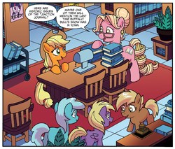 Size: 1309x1114 | Tagged: safe, artist:tony fleecs, idw, official comic, applejack, marian, earth pony, pony, friends forever #33, g4, my little pony: friends forever, spoiler:comic, book, comic, female, foal, implied twilight sparkle, library, mare, twilight sparkle (alicorn), unnamed character, unnamed pony