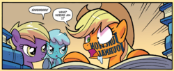 Size: 1299x530 | Tagged: safe, artist:tony fleecs, idw, applejack, friends forever #33, g4, my little pony: friends forever, spoiler:comic, drool, library, shhh