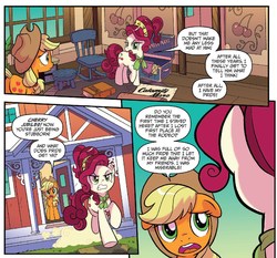 Size: 1336x1243 | Tagged: safe, artist:tony fleecs, idw, official comic, applejack, cherry jubilee, earth pony, pony, friends forever #33, g4, my little pony: friends forever, spoiler:comic, angry, comic, duo, female, floppy ears, mare