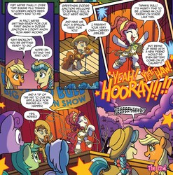 Size: 1360x1377 | Tagged: safe, artist:tony fleecs, idw, official comic, applejack, buffalo bull (pony), calamity mane, cherry jubilee, earth pony, pony, friends forever #33, g4, my little pony: friends forever, spoiler:comic, braid, clothes, comic, cowboy hat, facial hair, female, hat, lasso, male, mare, moustache, rope, stallion