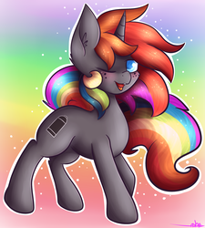 Size: 1964x2185 | Tagged: safe, artist:ashee, oc, oc only, oc:krylone, pony, unicorn, blushing, one eye closed, rainbow, rainbow hair, smiling, solo, wink