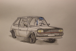 Size: 5184x3456 | Tagged: safe, artist:bumskuchen, oc, oc only, oc:shifting gear, pony, unicorn, 86c, :3, burnout, car, driving, glare, hoof hold, looking at you, male, polo86c, smiling, smirk, stallion, traditional art, volkswagen, volkswagen polo