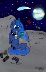 Size: 1024x1582 | Tagged: safe, artist:koonzypony, princess luna, alicorn, pony, gamer luna, g4, 3ds, chips, comet, doritos, drink, earth, female, food, gamecube, iphone, levitation, magic, moon, moon cheese, on the moon, playstation portable, solo, space, stars, telekinesis, watermark