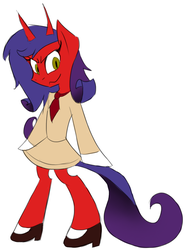 Size: 774x1041 | Tagged: safe, artist:colossalstinker, rarity, demon, demon pony, pony, unicorn, semi-anthro, g4, bipedal, clothes, crossover, daemon scanty, demon horns, devil horns, female, horns, looking at you, panty and stocking with garterbelt, simple background, smiling, solo, white background