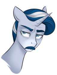 Size: 610x797 | Tagged: safe, artist:askbubblelee, oc, oc only, oc:silver lining, pony, unicorn, blue eyes, facial hair, moustache, simple background, solo, unamused, white background