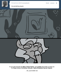 Size: 666x809 | Tagged: safe, artist:egophiliac, princess luna, pony, moonstuck, g4, ask, cartographer's cloak, comic, cute, female, filly, frown, grayscale, monochrome, solo, thinking, tumblr, woona, woonoggles, younger
