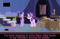 Size: 844x552 | Tagged: safe, edit, edited screencap, screencap, spike, starlight glimmer, twilight sparkle, alicorn, dragon, pony, unicorn, g4, to where and back again, animated, banner, book, box, candle, caption, cute, female, friendship, gif, glimmerbetes, male, mare, mountain, painting, raised hoof, slideshow, smiling, stairs, student, talking, teacher, text, twiabetes, twilight sparkle (alicorn), twilight's castle
