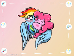 Size: 1280x980 | Tagged: safe, artist:cozmicpandawolf, pinkie pie, rainbow dash, earth pony, pegasus, pony, g4, blushing, cheek kiss, duo, female, kissing, lesbian, mare, ship:pinkiedash, shipping