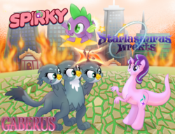 Size: 933x716 | Tagged: safe, gabby, spike, starlight glimmer, cerberus, dinosaur, puffball, tyrannosaurus rex, g4, crossover, dinosaurified, kirby, kirby (series), kirby spike, kirbyfied, multiple heads, not salmon, random, species swap, three heads, versus, wat