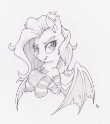 Size: 893x1000 | Tagged: dead source, safe, artist:dfectivedvice, fluttershy, bat pony, pony, g4, apple, bust, clothes, female, flutterbat, food, grayscale, monochrome, race swap, simple background, socks, solo, striped socks, traditional art, white background