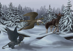 Size: 4677x3307 | Tagged: safe, artist:kirillk, oc, oc only, oc:vsevolod, elk, griffon, ponies after people, fanfic, fanfic art, griffon oc, hunting, snow, winter