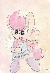 Size: 675x986 | Tagged: safe, artist:slightlyshade, scootaloo, pony, g4, bipedal, clothes, female, holding, hoof hold, leaf, misleading thumbnail, socks, solo, sweater, traditional art