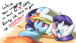 Size: 2100x1200 | Tagged: dead source, safe, artist:captainpudgemuffin, rainbow dash, rarity, pegasus, pony, unicorn, g4, bed, behaving like a cat, blanket, blushing, captainpudgemuffin is trying to murder us, cute, dashabetes, dialogue, female, hair over one eye, imma snuggle you, lesbian, lidded eyes, mare, no pupils, on back, one eye closed, open mouth, pony hat, rarara, raribetes, raricat, rarihat, rarity riding rainbow dash, riding, ship:raridash, shipping, simple background, snuggling, sweat, white background, wide eyes, wink