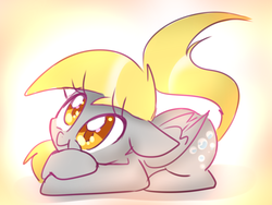 Size: 1600x1200 | Tagged: safe, artist:thegreatrouge, derpy hooves, pegasus, pony, g4, cute, derpabetes, female, gradient background, lying down, mare, prone, smiling, solo