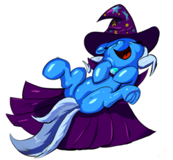 Size: 400x370 | Tagged: safe, artist:xbi, trixie, pony, unicorn, g4, cute, female, laughing, mare, nose in the air, on back, simple background, solo, transparent background, trixie's cape, trixie's hat, underhoof
