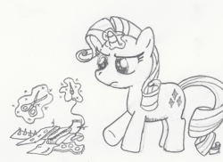 Size: 1056x768 | Tagged: safe, artist:arctic-lux, rarity, g4, fabric, female, filly, magic, monochrome, scissors, solo