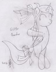 Size: 953x1233 | Tagged: safe, artist:parclytaxel, oc, oc only, oc:glitter sundae, alicorn, pony, alicorn oc, bow, dancing, eyes closed, hair bow, happy, lineart, monochrome, pencil drawing, ponytail, ribbon, smiling, solo, tail bow, traditional art