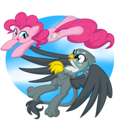 Size: 2000x2100 | Tagged: safe, artist:geraritydevillefort, gabby, pinkie pie, griffon, g4, the fault in our cutie marks, duo, flying, high res