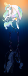 Size: 900x2436 | Tagged: safe, artist:cybercircuit, princess celestia, princess luna, classical unicorn, g4, bondage, colored wings, colored wingtips, crying, eyes closed, flying, hanging, horn, leonine tail, magic, spread wings, suspended