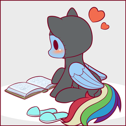 Size: 1125x1125 | Tagged: safe, artist:symbianl, part of a set, rainbow dash, pegasus, pony, g4, read it and weep, blushing, book, catsuit, chibi, clothes, cute, dashabetes, female, heart, part of a series, reading, slippers, sneaking suit, solo, symbianl is trying to murder us, symbianl's chibis