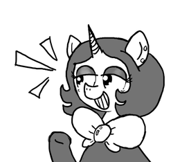 Size: 640x600 | Tagged: safe, artist:ficficponyfic, oc, oc only, oc:joyride, pony, unicorn, colt quest, adult, bowtie, bust, clothes, ear piercing, eyeshadow, female, grayscale, grin, horn, leggings, lidded eyes, makeup, mantle, mare, monochrome, piercing, simple background, smiling, solo, story included, white background