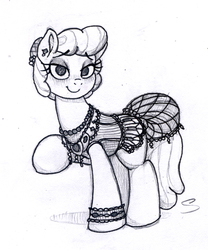 Size: 960x1154 | Tagged: safe, artist:selenophile, oc, oc only, clothes, dress, flapper, jewelry, looking at you, monochrome, raised hoof, solo, traditional art