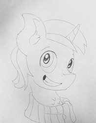 Size: 1579x2012 | Tagged: safe, artist:andandampersand, derpibooru exclusive, oc, oc only, oc:cyan lightning, pony, unicorn, bust, clothes, fluffy, lines, monochrome, portrait, scarf, smiling, solo, traditional art