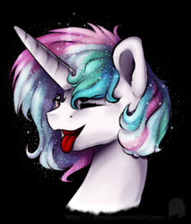 Size: 1313x1537 | Tagged: safe, artist:11-shadow, princess celestia, pony, g4, alternate hairstyle, black background, eyes closed, female, open mouth, silly, silly pony, simple background, smiling, solo, tongue out