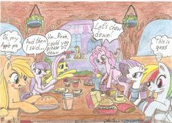 Size: 2336x1664 | Tagged: safe, artist:stardustchild01, applejack, fluttershy, pinkie pie, rainbow dash, rarity, twilight sparkle, oc, g4, burger, cake, clothes, coffee, cupcake, dress, food, french fries, ice cream, mane six, pie, sandwich, traditional art