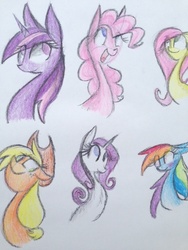 Size: 480x640 | Tagged: safe, artist:triplerainbowdash, applejack, fluttershy, pinkie pie, rainbow dash, rarity, twilight sparkle, g4, bust, mane six, portrait, sketch, traditional art