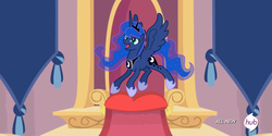 Size: 898x449 | Tagged: safe, artist:kp-shadowsquirrel, princess luna, alicorn, pony, g4, banner, fake screencap, female, happy, laughing, mare, open mouth, solo, spread wings, the hub, throne