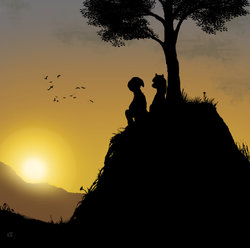 Size: 1024x1014 | Tagged: safe, artist:vadkaart, oc, oc only, human, pony, duo, silhouette, sunset, tree