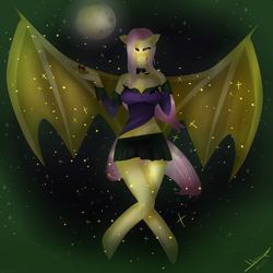 Size: 6000x6000 | Tagged: safe, artist:nanamicham, fluttershy, bat pony, anthro, g4, absurd resolution, clothes, female, flutterbat, moon, night, race swap, skirt, solo, stars