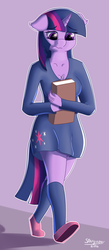 Size: 1429x3264 | Tagged: safe, artist:stargazer, twilight sparkle, anthro, plantigrade anthro, g4, book, clothes, cutie mark on clothes, dress, female, floppy ears, sad, shoes, socks, solo