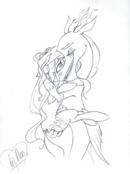 Size: 1428x1907 | Tagged: safe, artist:byannss, discord, fluttershy, g4, hug, male, monochrome, ship:discoshy, shipping, straight