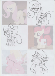 Size: 1702x2339 | Tagged: safe, artist:lazy-turtle, apple bloom, fluttershy, bridle gossip, g4, anatomy, drawing, sketch, sketch dump, study, traditional art