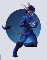 Size: 2870x3616 | Tagged: safe, artist:tazara, oc, oc only, oc:tara, donkey, anthro, action pose, anthro oc, clothes, flight suit, high res, hologram, solo, thunderbirds, uniform