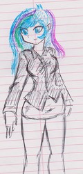 Size: 992x2061 | Tagged: safe, artist:elgatosabio, princess celestia, principal celestia, equestria girls, g4, breasts, busty princess celestia, clothes, female, legs, lined paper, miniskirt, monochrome, partial color, shirt, skirt, solo, traditional art, wrong eye color, younger