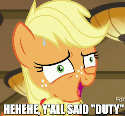 Size: 530x494 | Tagged: safe, edit, edited screencap, screencap, applejack, earth pony, pony, g4, where the apple lies, ah didn't listen, animated, beavis and butthead, female, filly, gif, image macro, impact font, innuendo, laughing, meme, solo, teenage applejack, y'all