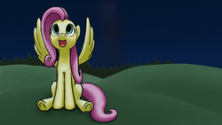 Size: 3840x2160 | Tagged: safe, artist:bill-the-pony, fluttershy, g4, female, high res, looking up, night, open mouth, sitting, solo, spread wings, stargazing