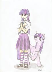 Size: 1700x2338 | Tagged: safe, artist:stardustchild01, twilight sparkle, human, g4, book, clothes, female, human ponidox, humanized, looking at you, mary janes, pleated skirt, shoes, simple background, skirt, socks, solo, striped socks, traditional art, white background