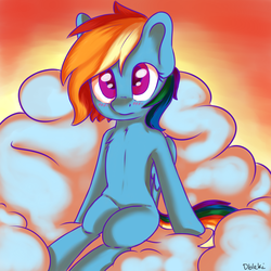 Size: 2000x2000 | Tagged: safe, artist:dbleki, rainbow dash, pegasus, pony, g4, armpits, blushing, cloud, female, folded wings, high res, leaning, sitting, solo, sunset, wingding eyes, wings