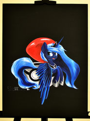 Size: 1024x1383 | Tagged: safe, artist:shyredd, princess luna, g4, black background, crossover, female, micro, poké ball, pokémon, simple background, solo, traditional art