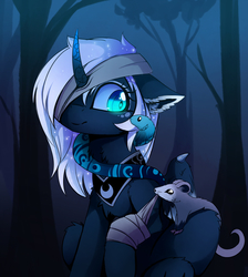 Size: 2400x2677 | Tagged: safe, artist:magnaluna, princess luna, tiberius, alicorn, opossum, pony, snake, g4, alternate design, bandage, bandaged leg, cheek fluff, chest fluff, claws, curved horn, ear fluff, female, forest, gradient horn, high res, horn, mare, night, peytral, sitting, slit pupils, smiling, sparkly ears, white-haired luna, wing claws, wings