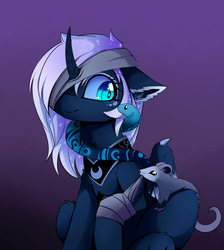 Size: 2400x2677 | Tagged: safe, artist:magnaluna, princess luna, tiberius, alicorn, pony, snake, g4, alternate design, bandage, bandaged leg, chest fluff, claws, cute, ear fluff, female, floppy ears, fluffy, gradient background, high res, mare, mouth hold, peytral, purple background, simple background, sitting, slit pupils, smiling, sparkly ears, sparkly mane, white-haired luna, wing claws, wings