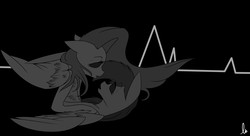 Size: 4064x2210 | Tagged: safe, artist:illustrativeauthor, fluttershy, rainbow dash, g4, black background, eye contact, female, floppy ears, lesbian, lidded eyes, monochrome, on back, on top, open mouth, ship:flutterdash, shipping, simple background, spread wings